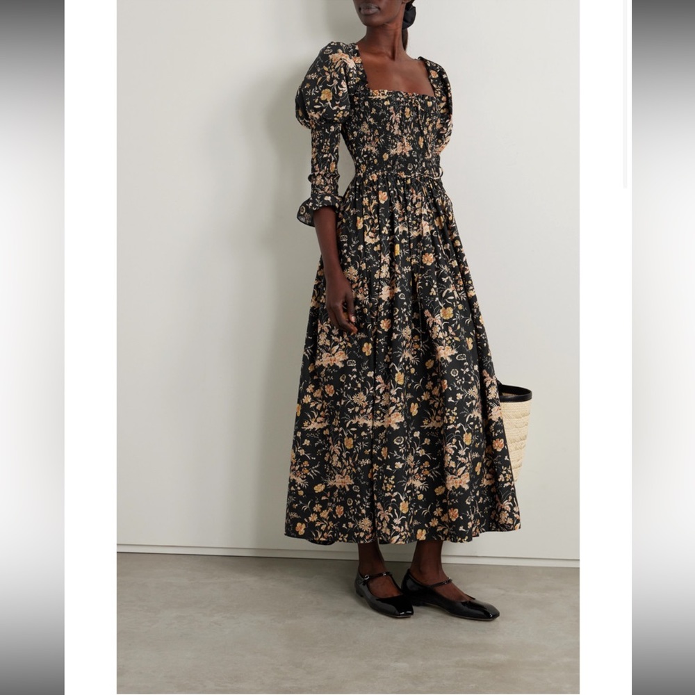 DÔEN Bijou shirred navy floral-print organic cotton-poplin maxi dress